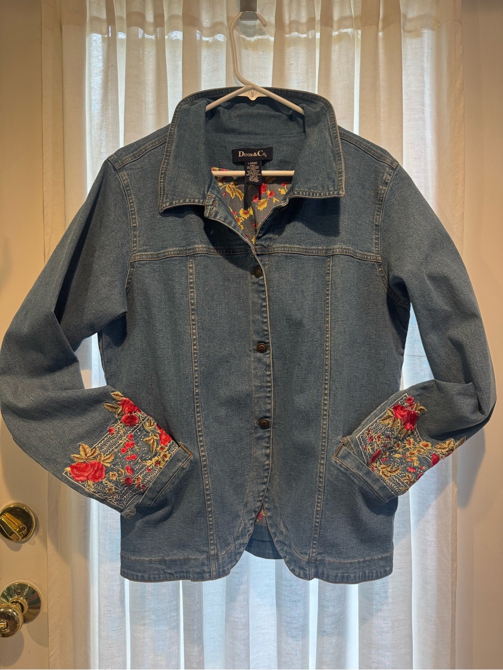 Denim&Co Blue Embroidered Cuff Jean Jacket